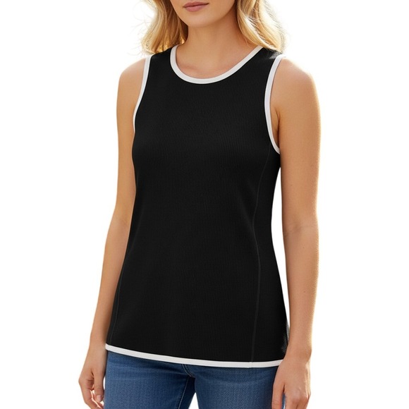 Vince Camuto Tops - Vince Camuto Women Rich Black White Trim Ribbed Knit Tank Top 91624224 Large NEW